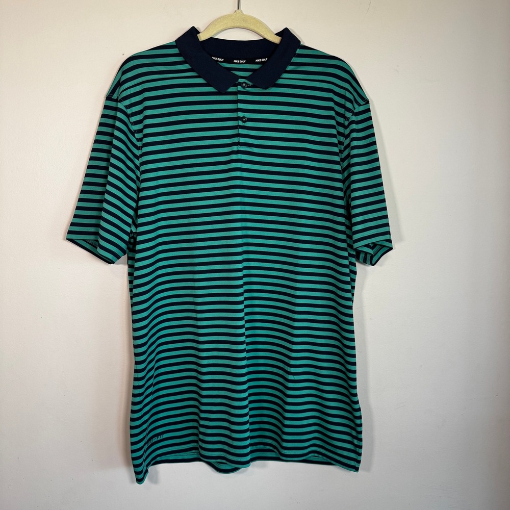 Nike Golf Dri-FIT Polo Shirt Mens XL Teal Green Navy Blue Striped Short Sleeve